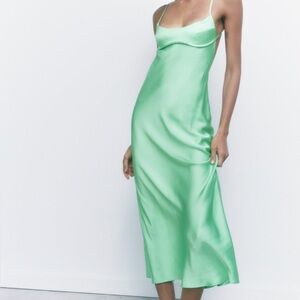 Zara Green Satin Midi Dress Size XS NWT